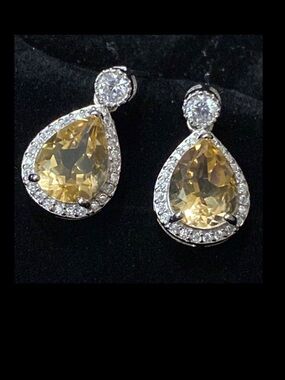 Silver 925 Citrine AAA White Sapphires Teardrop Earrings